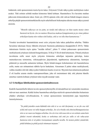lisäämistä, mitä sponsoroinnin teoria hyvin tukee. Erityisesti X koki näkyvyyden merkityksen isoksi
asiaksi. Tätä osittain selittää median kiinnostus häntä kohtaan. Haastateltava X:n havainto median
jatkuvasta kiinnostuksesta tukee Arain ym. (2014) ajatusta siitä, että vahvan brändi-imagon omaava
urheilija pärjää sponsorointimarkkinoilla myös urheilullisesti heikompina aikoina muun näkyvyytensä
ansiosta.
”Monelle näkyvyys on iso juttu, ne tietää että näkyvyys on ihan taattu menee sitten
huonosti tai hyvin. Jos iso mainos Hesarissa maksaa kymppitonnin ja jos sinne pääsee
urheilijan kautta niin voihan siitä laskea, että se voi olla ihan kannattavaa.”
Toiseksi tavoitteeksi haastatteluista nousi esiin yritysten halu tukea paikallista urheilua. Tätäkin
havaintoa tukemaan löytyy lähteitä erityisesti Suomesta puhuttaessa (kauppalehti.fi 2015). Tähän
tukemiseen liitettiin myös ajatus ”meidän tallista”, johon Y viittasi puhuessaan sponsoroinnin
merkityksestä yrityksen sisäisenä hengenluojana. X:llä ja Y:llä oli tästä kokemusta. Yhtenä yrityksen
tavoitteena esille nousi myös yritysten kiinnostus urheilijan tarjoamia palveluja, kuten
mainoskasvona toimimista, virkistyspäivien järjestämistä, tapahtumissa edustamista, luentojen
pitämistä ja messuilla auttamista kohtaan. Myös brändi-imagon kohottaminen tuli haastatteluissa
esille, mutta sen mittaaminen nähtiin hyvin hankalana. Ainoastaan Z puhui rahan merkityksestä,
vaikka muutkin sitä toki näkyvyyden lisäämisen kautta sivusivat. Myynnin kasvattamisesta puhunut
Z oli kuullut asiasta omalta vaatesponsoriltaan, joka oli muistuttanut tätä, että jokaista hänelle
annettua vaatetta kohtaan yrityksen tulee myydä useampi vaate.
4.3 Urheilijan lähtökohdatsponsorointisuhteeseen
Kaikille haastatelluille tärkein tavoite sponsoriyhteistyölle oli taloudellisen tai varusteiden muodossa
tulevan tuen saaminen. Kaikki kolme haastateltua urheilijaa mielsivät sponsorisuhteiden hoitamisen
yhdeksi urheilijan velvollisuuksista. X vertasi sponsoroinnin laiminlyöntiä jopa harjoittelun
laiminlyömiseen.
”Se pitää jotenkin osata kääntää niin että ei se oo sitä (kerjuuta), se on yks osa sitä
työtä että susta voi tulla huippu-urheilija. Jos sä et hoida sitä yhteistyökumppaniasiaa
niin se on vaan osa huippu-urheilua. Jos sä et tee sitä osaa niin se on osittain sama kuin
jättäisi treenit tekemättä, koska se tarkoittaa sitä että jos sulla ei ole raha-asiat
kunnossa niin et sä pääse treenaamaan samalla tavalla. Se monen pitäisi ymmärtää,
pitää kehdata ja pitää pystyä ottamaan turpaan.”
 