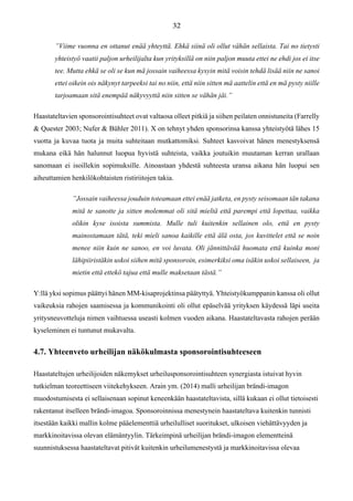 ”Viime vuonna en ottanut enää yhteyttä. Ehkä siinä oli ollut vähän sellaista. Tai no tietysti
yhteistyö vaatii paljon urheilijalta kun yrityksillä on niin paljon muuta ettei ne ehdi jos ei itse
tee. Mutta ehkä se oli se kun mä jossain vaiheessa kysyin mitä voisin tehdä lisää niin ne sanoi
ettei oikein ois näkynyt tarpeeksi tai no niin, että niin sitten mä aattelin että en mä pysty niille
tarjoamaan sitä enempää näkyvyyttä niin sitten se vähän jäi.”
Haastateltavien sponsorointisuhteet ovat valtaosa olleet pitkiä ja siihen peilaten onnistuneita (Farrelly
& Quester 2003; Nufer & Bühler 2011). X on tehnyt yhden sponsorinsa kanssa yhteistyötä lähes 15
vuotta ja kuvaa tuota ja muita suhteitaan mutkattomiksi. Suhteet kasvoivat hänen menestyksensä
mukana eikä hän halunnut luopua hyvistä suhteista, vaikka joutuikin muutaman kerran urallaan
sanomaan ei isoillekin sopimuksille. Ainoastaan yhdestä suhteesta uransa aikana hän luopui sen
aiheuttamien henkilökohtaisten ristiriitojen takia.
”Jossain vaiheessa jouduin toteamaan ettei enää jatketa, en pysty seisomaan tän takana
mitä te sanotte ja sitten molemmat oli sitä mieltä että parempi että lopettaa, vaikka
olikin kyse isoista summista. Mulle tuli kuitenkin sellainen olo, että en pysty
mainostamaan tätä, teki mieli sanoa kaikille että älä osta, jos kuvittelet että se noin
menee niin kuin ne sanoo, en voi luvata. Oli jännittävää huomata että kuinka moni
lähipiiristäkin uskoi siihen mitä sponsoroin, esimerkiksi oma isäkin uskoi sellaiseen, ja
mietin että ettekö tajua että mulle maksetaan tästä.”
Y:llä yksi sopimus päättyi hänen MM-kisaprojektinsa päätyttyä. Yhteistyökumppanin kanssa oli ollut
vaikeuksia rahojen saamisessa ja kommunikointi oli ollut epäselvää yrityksen käydessä läpi useita
yritysneuvotteluja nimen vaihtuessa useasti kolmen vuoden aikana. Haastateltavasta rahojen perään
kyseleminen ei tuntunut mukavalta.
4.7. Yhteenveto urheilijan näkökulmasta sponsorointisuhteeseen
Haastateltujen urheilijoiden näkemykset urheilusponsorointisuhteen synergiasta istuivat hyvin
tutkielman teoreettiseen viitekehykseen. Arain ym. (2014) malli urheilijan brändi-imagon
muodostumisesta ei sellaisenaan sopinut keneenkään haastateltavista, sillä kukaan ei ollut tietoisesti
rakentanut itselleen brändi-imagoa. Sponsoroinnissa menestynein haastateltava kuitenkin tunnisti
itsestään kaikki mallin kolme pääelementtiä urheilulliset suoritukset, ulkoisen viehättävyyden ja
markkinoitavissa olevan elämäntyylin. Tärkeimpinä urheilijan brändi-imagon elementteinä
suunnistuksessa haastateltavat pitivät kuitenkin urheilumenestystä ja markkinoitavissa olevaa
 