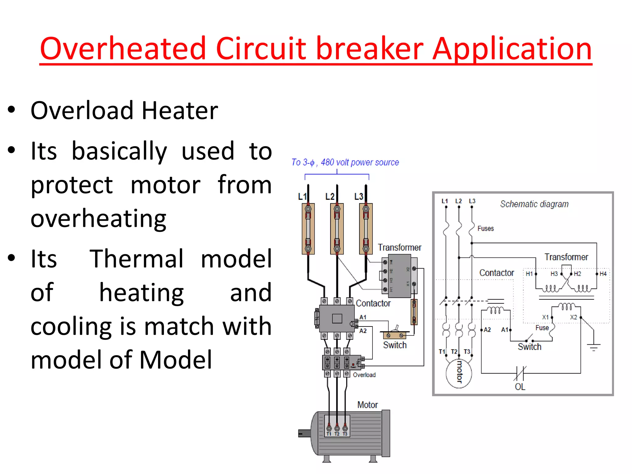 Overheated Circuit breaker Application
• Overload Heater
• Its basically used to
protect motor from
overheating
• Its Thermal model
of heating and
cooling is match with
model of Model
 