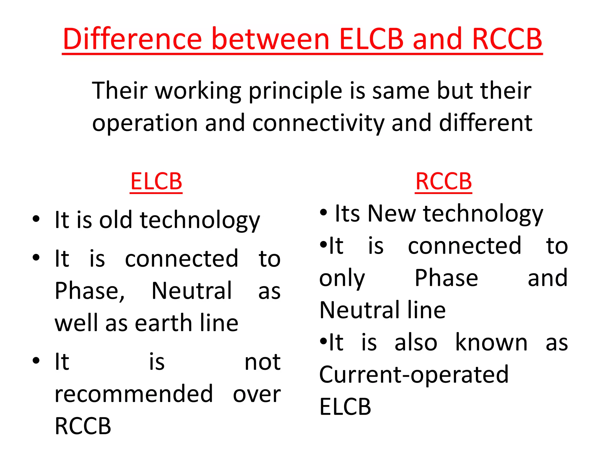 Difference between ELCB and RCCB
ELCB
• It is old technology
• It is connected to
Phase, Neutral as
well as earth line
• It is not
recommended over
RCCB
RCCB
• Its New technology
•It is connected to
only Phase and
Neutral line
•It is also known as
Current-operated
ELCB
Their working principle is same but their
operation and connectivity and different
 