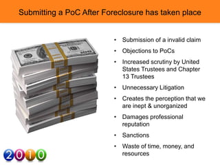 Submitting a PoC After Foreclosure has taken place
• Submission of a invalid claim
• Objections to PoCs
• Increased scrutiny by United
States Trustees and Chapter
13 Trustees
• Unnecessary Litigation
• Creates the perception that we
are inept & unorganized
• Damages professional
reputation
• Sanctions
• Waste of time, money, and
resources
 