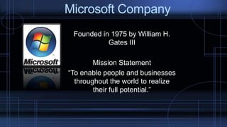 Founded in 1975 by William H.
Gates III
Mission Statement
“To enable people and businesses
throughout the world to realize
their full potential.”
Microsoft Company
 