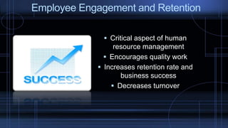  Critical aspect of human
resource management
 Encourages quality work
 Increases retention rate and
business success
 Decreases turnover
Employee Engagement and Retention
 
