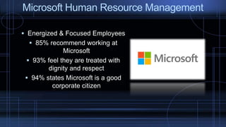  Energized & Focused Employees
 85% recommend working at
Microsoft
 93% feel they are treated with
dignity and respect
 94% states Microsoft is a good
corporate citizen
Microsoft Human Resource Management
 