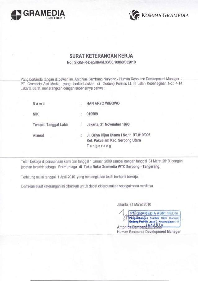 Surat Keterangan Kerja Gramedia