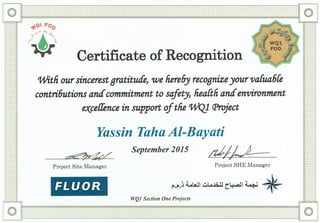 Recognition certificate for Yassin Taha