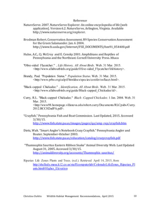 Christine Dahlin Wildlife Habitat Management Recommendations, April 2015 10
Reference
NatureServe. 2007. NatureServe Explorer: An online encyclopedia of life [web
application]. Version 6.2. NatureServe, Arlington, Virginia. Available
http://www.natureserve.org/explorer.
Brodman Robert. Conservation Assessment. R9 Species Conservation Assessment
for the Green Salamander. Jan. 6 2004.
http://www.fs.usda.gov/Internet/FSE_DOCUMENTS/fsm91_054400.pdf
Hulse, A.C., Cj. McCroy and E. Censky 2001. Amphibians and Reptiles of
Pennsylvania and the Northeast. Cornell University Press. Ithaca
"Olive-sided Flycatcher." , Life History, All About Birds. Web. 31 Mar. 2015.
<http://www.allaboutbirds.org/guide/Olive-sided_Flycatcher/lifehistory>.
Brandy, Paul. "Population Status." Population Status. Web. 31 Mar. 2015.
<http://www.prbo.org/calpif/htmldocs/species/conifer/osflacct.html>.
"Black-capped Chickadee." , Identification, All About Birds. Web. 31 Mar. 2015.
<http://www.allaboutbirds.org/guide/Black-capped_Chickadee/id>.
Curry, R.L. "Black-capped Chickadee." Black- Capped Chickadee. 1 Jan. 2004. Web. 31
Mar. 2015.
<http://www98.homepage.villanova.edu/robert.curry/Documents/RLCpubs/Curry.
2012.BCCH2ndPA.pdf>.
“Crayfish.” Pennsylvania Fish and Boat Commission. Last Updated, 2015. Accessed
3/30/15.
http://www.fish.state.pa.us/images/pages/qa/amp_rep/crayfish.htm
Dietz, Walt. “Smart Angler’s Notebook Crazy Crayfish.” Pennsylvania Angler and
Boater. September-October 2003.
http://www.fish.state.pa.us/education/catalog/crazycrayfish.pdf
“Thamnophis Sauritus Eastern Ribbon Snake” Animal Diversity Web. Last Updated
August 31, 2005. Accessed 3/30/15.
http://animaldiversity.org/accounts/Thamnophis_sauritus/
Riparian Life Zones Plants and Trees. (n.d.). Retrieved April 14, 2015, from
http://shelledy.mesa.k12.co.us/staff/computerlab/ColoradoLifeZones_Riparian_Pl
ants.html#Higher_Elevation
 