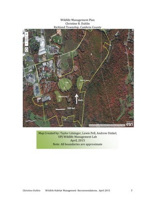 Christine Dahlin Wildlife Habitat Management Recommendations, April 2015 2
Wildlife Management Plan
Christine R. Dahlin
Richland Township, Cambria County
Map Created by: Taylor Litzinger, Lewis Pell, Andrew Dinkel,
UPJ Wildlife Management Lab
April, 2015
Note: All boundaries are approximate
4
3
1
2
 