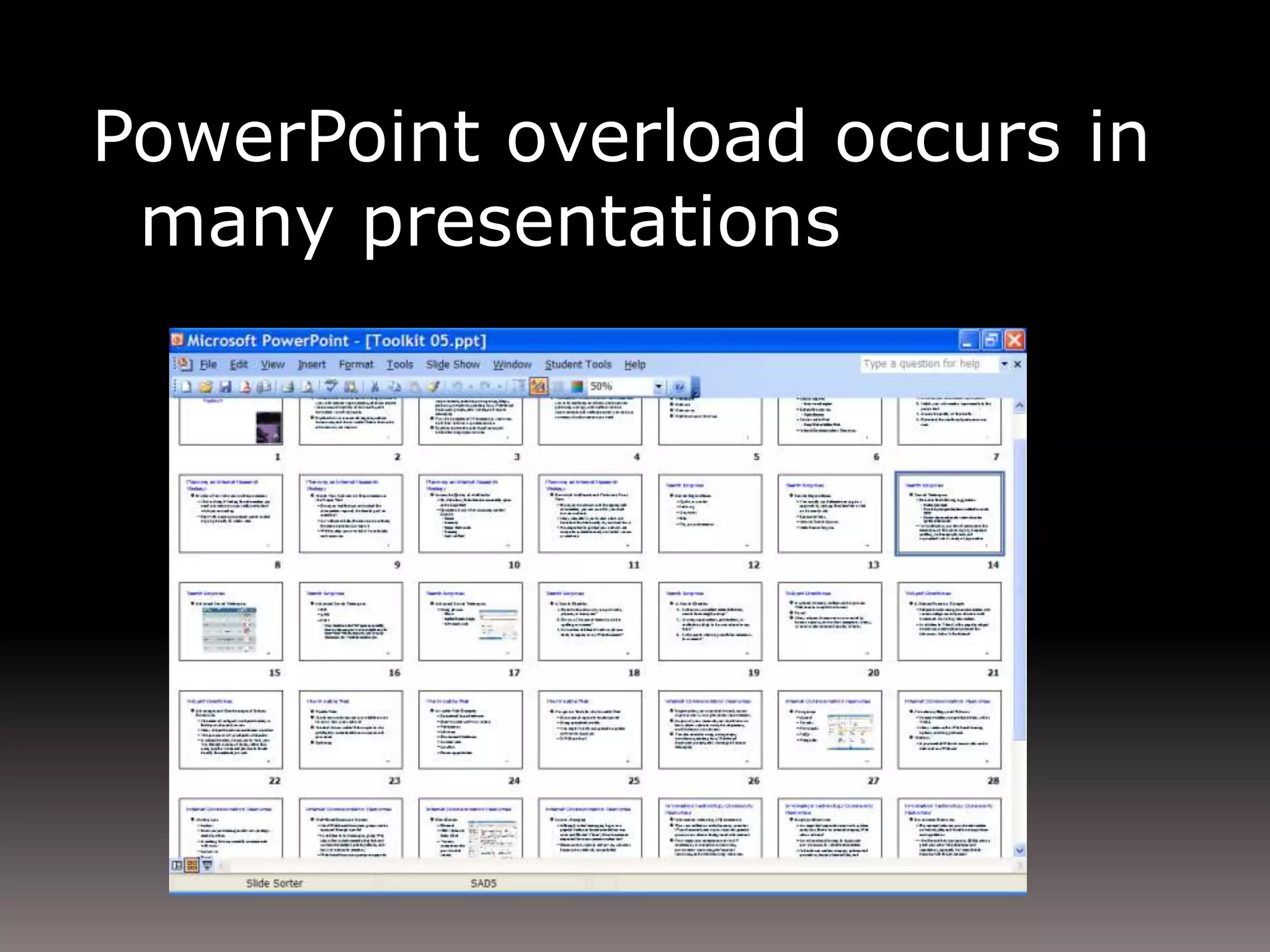 PowerPoint overload occurs in many presentations