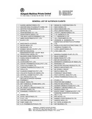 _____________________________________________________________________
GENERAL LIST OF AUTOPACK CLIENTS
1 ALKEM LABORATORIES LTD. 60 INDIAN OIL CORPORATION LTD.
2 ANCHOR HEALTH & BEAUTY CARE LTD 61 INDO SWING LTD
3 ANTIFRICTION BEARINGS CO. LTD 62 INDUS MEDICARE LTD.
4 ASTRA IDL LTD. 63 IPCA LABORATORIES LTD.
5 ASIAN BEARING CO. LTD. 64 JYOTHY LABORATORIES LTD.
6 ASIAN PAINTS (INDIA) LTD. 65 J. B. CHEMICALS LTD.
7 THE ARYA VAIDYA PHARMACY LTD. 66 J. L. MORISON (I) LTD.
8 AMRO INVESTMENTS PVT. LTD. 67 J.B.J. PERFUMES (P) LTD.
9 B.A.R.C LTD. 68 JOHNSON & JOHNSON LTD.
10 BAIDYANATH AYURVED 69
KARNATAKA ANTIBIOTICS & PHARMA
LTD.
11 BAYER INDIA LTD. 70 KERALA SOLVENTS EXTRACTIONS LTD.
12 BIERSDORF LTD 71 LARSEN & TOUBRO LTD.
13 BOMBAY BRUSH CO.PVT. LTD 72 LUPIN LABORTORIES LTD.
14 BRITISH BIOLIGICAL 73 LYKA LABS. LTD.
15
BANASKANTHA DIST. CO-OP. MILK
PRODUCERS UNION LTD. 74 MANISHA PHARMO PLAST (P) LTD.
16 BALSARA HOME PRODUCTS LTD. 75 MAJA COSMETICS
17 CADILA HEALTH CARE LTD. 76 MANN FEEDS PVT. LTD.
18 CAMLIN LTD. 77 MAYUR COLOURS LTD.
19 CAVIN KARE PVT. LTD. 78 MONSANTO CHEMICALS OF INDIA LTD.
20 CACHET PHARMACEUTICALS PVT. LTD. 79 MONGINIS LTD
21 COCA COLA INDIA LTD. 80 MALHOTRA SHAVING PRODUCTS LTD.
22 CHARAK PHARMACEUTICALS LTD 81 MARICO INDUSTRIES LTD.
23 CIPLA LTD 82 MC DOWELL GROUP
24 CLARION COSMETICS PVT. LTD. 83 NESTLE INDIA LTD.
25 COLGATE PALMOLIVE (INDIA) LTD 84 PARIKSHAT INDUSTRIES
26 CRYSTAL COSMETICS PVT. LTD. 85 PEST CONTROL INDIA PVT. LTD.
27 CCL PRODUCTS (I) LTD. 86 PARAS PHARMACEUTICALS LTD.
28
DECCAN AYURVEDA ASHRAM
PHARMACY 87 PFIZER LTD
29 DABUR INDIA LTD. 88 PROCTER AND GAMBLE
30 DEY`S MEDICAL STORES MFG. LTD. 89 PIDILITE INDUSTRIES LTD.
31 D. S. GROUP LTD. 90 QUAKER CREMICA FOODS PVT. LTD.
32 DR. REDDY`S LABORATORIES LTD 91 RANBAXY LABORATORIES LTD.
33 DUPONT (INDIA) LTD. 92 RAPIDUR INDIA LTD.
34 DURANDEL FOODS PVT. LTD. 93 ROFFE CONST. CHEMICALS PVT. LTD.
35 EMAMI LTD. 94
ROMSONS SCIENTIFIC & SURGICAL
IND. P. LTD.
36 EXCEL INDUSTRIES LTD. 95 RPG RICHO LTD.
37 F.D.C. LTD. 96 RAMDEV FOOD PRODUCTS LTD.
38 FAG PRECISION BEARINGS LTD 97 SANDOZ INDIA LTD.
39 FAMY CARE LTD. 98 S.F. PATEL & SONS LTD.
40 G. D. PHARMACEUTICALS LTD. 99 SKF BEARING LTD.
 