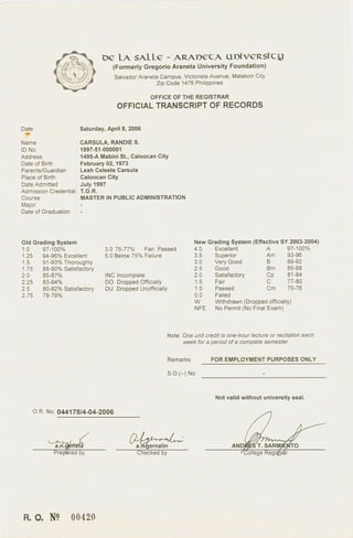 De La Salle - Official Transcript of Records
