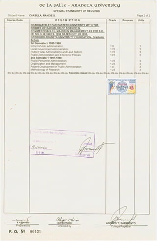 De Transcript De La Salle - Official Transcript of Records | PDF