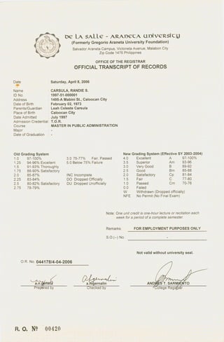 De La Salle - Official Transcript of Records | PDF