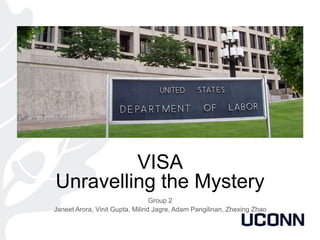 VISA
Unravelling the Mystery
Group 2
Janeet Arora, Vinit Gupta, Milind Jagre, Adam Pangilinan, Zhexing Zhao
 