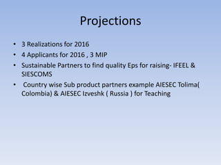 Projections
• 3 Realizations for 2016
• 4 Applicants for 2016 , 3 MIP
• Sustainable Partners to find quality Eps for raising- IFEEL &
SIESCOMS
• Country wise Sub product partners example AIESEC Tolima(
Colombia) & AIESEC Izveshk ( Russia ) for Teaching
 