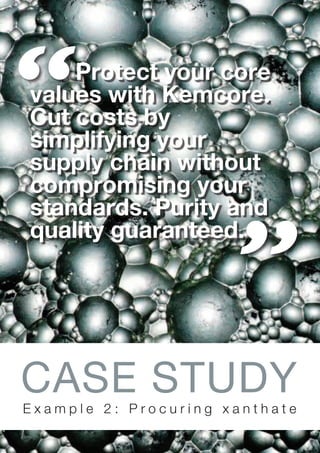 Protect your core
values with Kemcore.
Cut costs by
simplifying your
supply chain without
compromising your
standards. Purity and
quality guaranteed.
CASE STUDYE x a m p l e 2 : P r o c u r i n g x a n t h a t e
 