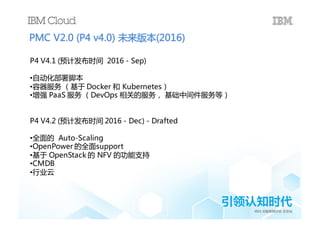 PMC  V2.0  (P4  v4.0)  未来版本(2016)
P4  V4.1  (预计发布时间 2016  - Sep)
•自动化部署脚本
•容器服务 （基于 Docker 和 Kubernetes）
•增强 PaaS 服...