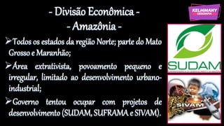 - Divisão Econômica -
- Amazônia -
➢Todos os estados da região Norte; parte do Mato
Grosso e Maranhão;
➢Área extrativista, povoamento pequeno e
irregular, limitado ao desenvolvimento urbano-
industrial;
➢Governo tentou ocupar com projetos de
desenvolvimento(SUDAM, SUFRAMA e SIVAM).
 