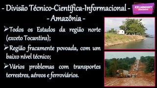 - Divisão Técnico-Científica-Informacional -
- Amazônia -
➢Todos os Estados da região norte
(exceto Tocantins);
➢Região fracamente povoada, com um
baixo nível técnico;
➢Vários problemas com transportes
terrestres, aéreos e ferroviários.
 