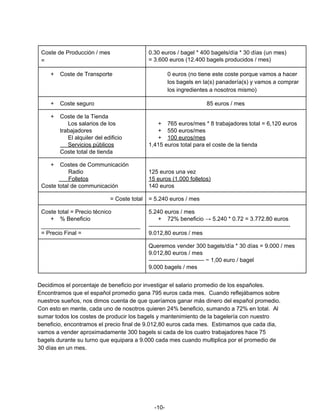 Coste de Producción / mes
=
0.30 euros / bagel * 400 bagels/día * 30 días (un mes)
= 3.600 euros (12.400 bagels producidos / mes)
+ Coste de Transporte 0 euros (no tiene este coste porque vamos a hacer
los bagels en la(s) panadería(s) y vamos a comprar
los ingredientes a nosotros mismo)
+ Coste seguro 85 euros / mes
+ Coste de la Tienda
Los salarios de los
trabajadores
El alquiler del edificio
Servicios públicos
Coste total de tienda
+ 765 euros/mes * 8 trabajadores total = 6,120 euros
+ 550 euros/mes
+ 100 euros/mes
1,415 euros total para el coste de la tienda
+ Costes de Communicación
Radio
​ Folletos
Coste total de communicación
125 euros una vez
15 euros (1.000 folletos)
140 euros
= Coste total = 5.240 euros / mes
Coste total = Precio técnico
+ % Beneficio
_______________________________
= Precio Final =
5.240 euros / mes
+ 72% beneficio → 5.240 * 0.72 = 3.772.80 euros
--------------------------------------------------------------------------
9.012,80 euros / mes
Queremos vender 300 bagels/día * 30 días = 9.000 / mes
9.012,80 euros / mes
----------------------------- ~ 1,00 euro / bagel
9.000 bagels / mes
Decidimos el porcentaje de beneficio por investigar el salario promedio de los españoles.
Encontramos que el español promedio gana 795 euros cada mes. Cuando reflejábamos sobre
nuestros sueños, nos dimos cuenta de que queríamos ganar más dinero del español promedio.
Con esto en mente, cada uno de nosotros quieren 24% beneficio, sumando a 72% en total. Al
sumar todos los costes de producir los bagels y mantenimiento de la bagelería con nuestro
beneficio, encontramos el precio final de 9.012,80 euros cada mes. Estimamos que cada dia,
vamos a vender aproximadamente 300 bagels si cada de los cuatro trabajadores hace 75
bagels durante su turno que equipara a 9.000 cada mes cuando multiplica por el promedio de
30 días en un mes.
-10-
 