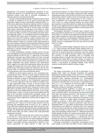 phagocytosis or the amount of lymphocytes, monocytes, or neu-
trophils was observed. It is believed that acute changes in envi-
ronmental salinity could lead to increased susceptibility to
infectious diseases in farmed and wild ﬁsh.
A study on juvenile golden pompano (Trachinotus ovatus) reared
for 30 days at salinities of 10, 18, 26, and 34 (control) ppt were
studied for a range of immune and metabolic related activities [78].
In this study, salinity was reduced by 1 ppt/day and ﬁsh at salinities
of 18 ppt and 34 ppt displayed signiﬁcantly higher superoxide
dismutase (SOD) activity than ﬁsh at 10 and 26 ppt. In another
study, tilapia (Oreochromis mossambicus) were placed in either
fresh water (control) or brieﬂy exposed to 25 ppt seawater in order
to analyze the effects of serum on head kidney and spleen leuko-
cyte phagocytic ability [79]. A signiﬁcant decrease in phagocytosis
was observed when both types of leukocytes were exposed to
tilapia serum from SW. Proteomic analysis indicated that acute
exposure to seawater caused an increased expression of C3 com-
plement protein in tilapia. In a previous study, tilapia exposed to
the same conditions showed increased lysozyme activities in head
kidney homogenate and plasma after 1 h and 24 h [80]. Transfer to
a hyperosmolar environment displayed an up-regulation of plasma
lysozyme at 1 and 24 h, phagocytic capacity at 1 h, and respiratory
burst intensity at 8 h.
In Turbot (Scophthalmus maximus) initially reared at 30 ppt,
Hsp70 and IgM gene expression levels in the kidney and liver were
analyzed between 18 and 42 ppt [27]. IgM levels in the kidney
signiﬁcantly decreased upon initial transfer and then increased
after salinity conditions reached the desired level. They report the
use of a control group, which presumably was maintained at the
original temperature and salinity. However, their experimental
matrix suggests that while they implemented another group that
changed the temperature but not the salinity, there was no com-
parable group where they changed the salinity but not the tem-
perature. Thus, it is difﬁcult to separate the interactions that are
occurring between these two environmental factors.
Gilthead sea bream (Sparus aurata L.) are a commonly aqua-
cultured species that is tolerant of a wide range of salinities from
brackish to hyper-saline [81]. A study on gilthead sea bream that
had been acclimated at 38 ppt, investigated the impact of salinity
changes on immune function in two independent experiments
[82]. In the ﬁrst experiment, ﬁsh were placed in brackish water
(12 ppt), hyper-saline water (55 ppt), or 38 ppt (control) and
sampled after two weeks. Fish acclimated to hyper-saline water
signiﬁcantly increased total IgM levels compared to control, while
IgM levels in brackish water remained unaltered. In the second
experiment, ﬁsh were divided between low saline water (6 ppt),
brackish water (12 ppt), or 38 ppt (control) and sampled after 100
days. In the low saline acclimated ﬁsh, peroxidase content and
alternative complement activity were signiﬁcantly lower than the
control group, however IgM levels in plasma did not appear to be
affected [82].
In yellow drum (Nibea albiﬂora), juveniles were placed under
salinity stress for 7 days at 9, 16, and 23 ppt (control) to test the
immunity and antioxidant levels of serum [83]. At a salinity of
9 ppt, IgM levels signiﬁcantly decreased, while total serum anti-
oxidant capacity increased. Although lysozyme and IgM gradually
changed, it is thought that yellow drum can effectively adapt to the
salinity levels tested, but lower salinity levels could potentially
compromise immunity.
Atlantic cod (Gadus morhua) that were raised at four salinities
(6e32 ppt) for a short period (19e57 days), then returned to
normal seawater (32 ppt) for (20e391 days) displayed no signiﬁ-
cant changes in plasma protein concentration, natural antibody
activity or anti-trypsin activity, representing its beneﬁt in com-
mercial aquaculture for being tolerant to high and low
environmental salinities [50]. After 57 days at 6 ppt, plasma cortisol
levels were around 10 ng/ml higher compared to other salinities,
indicating that 6 ppt is near the limit of chronic stress. Coho salmon
(Oncorhynchus kisutch) initially reared in fresh water were trans-
ferred to hypersaline water concentrations of (0.5 (control), 8
(low), 16 (medium), and 32 ppt (high)) with an increase of 4 ppt
every 2 days [66]. Using microarray analysis, the authors found
gene expression induced by salinity was highly tissue-dependent.
Overall, it was suggested that the response to salinity acclimation
caused a general immunosuppressive effect in immune genes of the
gills, liver, and olfactory rosettes.
Hematological parameters of juvenile great sturgeon (Huso
huso) acclimated to salinities of 0, 3, 6, 9, and 12 ppt were surveyed
after 20 days [84]. Fish that were transferred from fresh to brackish
water, when compared to control ﬁsh, experienced decreased red
blood cells, hematocrit, and hemoglobin. Although there were no
changes in white blood cells, monocytes, and eosinophils, a sig-
niﬁcant increase in lymphocytes was seen only with an increase
from 0 to 12 ppt.
Conclusion
During acute salinity changes, phagocytic activity can increase
[77,85]. Innate immune cells during salinity changes tend to in-
crease, while the adaptive immune responses are often compro-
mised due to resource allocation. Furthermore, long term salinity
stress can cause the adaptive immune response to be suppressed.
The variations in study parameters such as increasing and
decreasing salinity or transfer from fresh water to salt water can
complicate the overall effects of salinity changes. To analyze the
overall effects of salinity on teleost immune parameters frequently
studied, a meta-analysis of published ﬁndings could indicate
common trends between different salinity changes.
6. Particulates
The aquatic environment can be full of particulates or sus-
pended solids, which can ﬂuctuate temporally and spatially
depending on seasonal changes in ﬂow rates [86,87]. Turbidity and
total suspended solids (TSS) represent two parameters commonly
monitored when analyzing particulates [88]. Anthropogenic
pollution and increasing storm events have been shown to leave
ecosystems vulnerable due to the increase in suspended particu-
lates [89e91]. It is important to note that organic or inorganic
particulate levels in fresh water environments can ﬂuctuate
differently compared to saltwater environments.
Environment-speciﬁc guidelines are being put in place to
monitor suspended particulate matter (SPM) [87,92e94]. In a UK
study, suspended solids in 10 contrasting river sites varied 9-fold,
with mean concentrations between 3 and 29 mg/L [87], further
supporting the results from a previous study [93]. Standard
guidelines can be useful in future assessments of sediments, as they
represent a means to analyze global ecosystems collectively.
Turbidity in particular, is often relied upon when studying sus-
pended solids, however it measures parameters other than just
suspended solids [92]. The effects of particulates on ﬁsh immune
functionality can be difﬁcult to summarize due to the extensive
amount of environmental factors at play including, but not limited
to; seasonal changes in ﬂow rates, characteristics of river topog-
raphy, and catastrophic weather events [86]. Although studies have
clearly deﬁned the effects of varying concentrations and sizes of
suspended solids on ﬁsh immunity [95e97], we direct the reader to
the previous review of these impacts [5]. Furthermore, here we
evaluate the most recent published literature on particulates and
their effects on ﬁsh immunity since the previous review [5].
Particulate accumulation in freshwater environments can be
quite variable, as the inﬂux and efﬂux of water rapidly ﬂuctuates
D.L. Makrinos, T.J. Bowden / Fish  Shellﬁsh Immunology xxx (2016) 1e8 5
Please cite this article in press as: D.L. Makrinos, T.J. Bowden, Natural environmental impacts on teleost immune function, Fish  Shellﬁsh
Immunology (2016), http://dx.doi.org/10.1016/j.fsi.2016.03.008
 