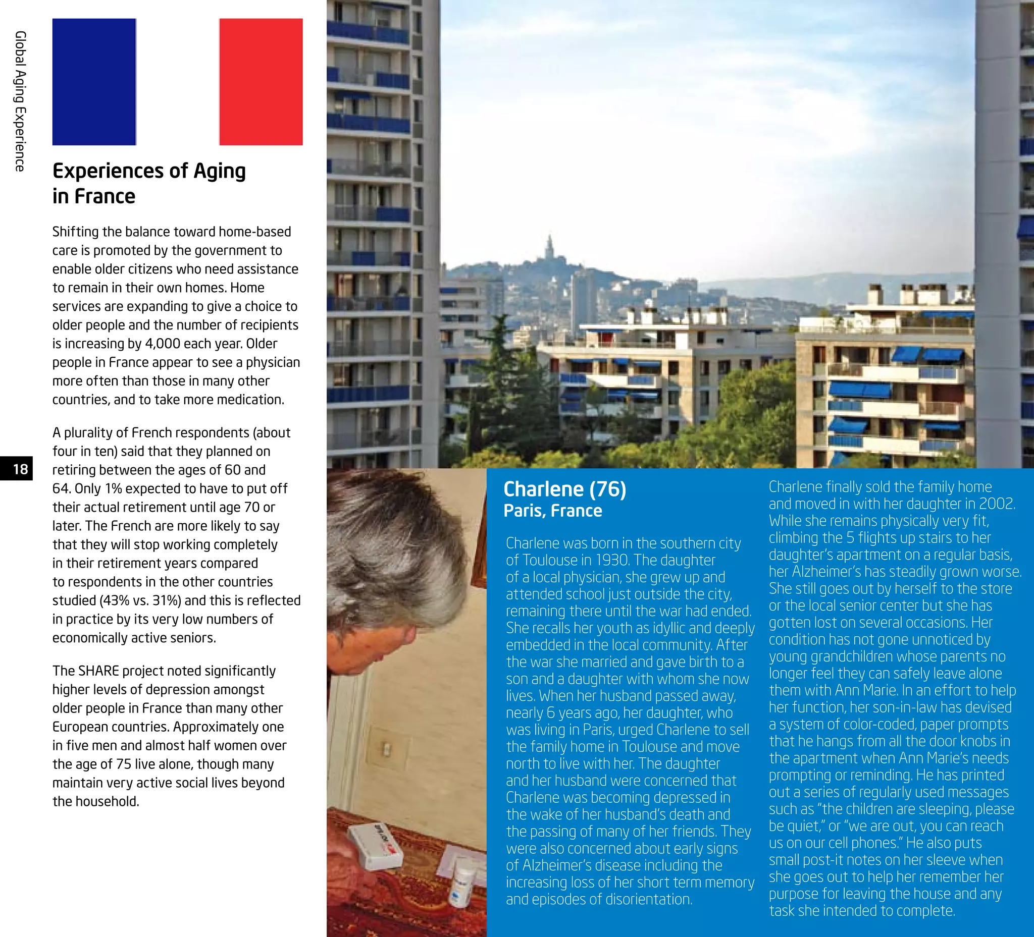 18
GlobalAgingExperience
Charlene was born in the southern city
of Toulouse in 1930. The daughter
of a local physician, she grew up and
attended school just outside the city,
remaining there until the war had ended.
She recalls her youth as idyllic and deeply
embedded in the local community. After
the war she married and gave birth to a
son and a daughter with whom she now
lives. When her husband passed away,
nearly 6 years ago, her daughter, who
was living in Paris, urged Charlene to sell
the family home in Toulouse and move
north to live with her. The daughter
and her husband were concerned that
Charlene was becoming depressed in
the wake of her husband’s death and
the passing of many of her friends. They
were also concerned about early signs
of Alzheimer’s disease including the
increasing loss of her short term memory
and episodes of disorientation.
Charlene (76)
Paris, France
Charlene finally sold the family home
and moved in with her daughter in 2002.
While she remains physically very fit,
climbing the 5 flights up stairs to her
daughter’s apartment on a regular basis,
her Alzheimer’s has steadily grown worse.
She still goes out by herself to the store
or the local senior center but she has
gotten lost on several occasions. Her
condition has not gone unnoticed by
young grandchildren whose parents no
longer feel they can safely leave alone
them with Ann Marie. In an effort to help
her function, her son-in-law has devised
a system of color-coded, paper prompts
that he hangs from all the door knobs in
the apartment when Ann Marie’s needs
prompting or reminding. He has printed
out a series of regularly used messages
such as “the children are sleeping, please
be quiet,” or “we are out, you can reach
us on our cell phones.” He also puts
small post-it notes on her sleeve when
she goes out to help her remember her
purpose for leaving the house and any
task she intended to complete.
Experiences of Aging
in France
Shifting the balance toward home-based
care is promoted by the government to
enable older citizens who need assistance
to remain in their own homes. Home
services are expanding to give a choice to
older people and the number of recipients
is increasing by 4,000 each year. Older
people in France appear to see a physician
more often than those in many other
countries, and to take more medication.
A plurality of French respondents (about
four in ten) said that they planned on
retiring between the ages of 60 and
64. Only 1% expected to have to put off
their actual retirement until age 70 or
later. The French are more likely to say
that they will stop working completely
in their retirement years compared
to respondents in the other countries
studied (43% vs. 31%) and this is reflected
in practice by its very low numbers of
economically active seniors.
The SHARE project noted significantly
higher levels of depression amongst
older people in France than many other
European countries. Approximately one
in five men and almost half women over
the age of 75 live alone, though many
maintain very active social lives beyond
the household.
 