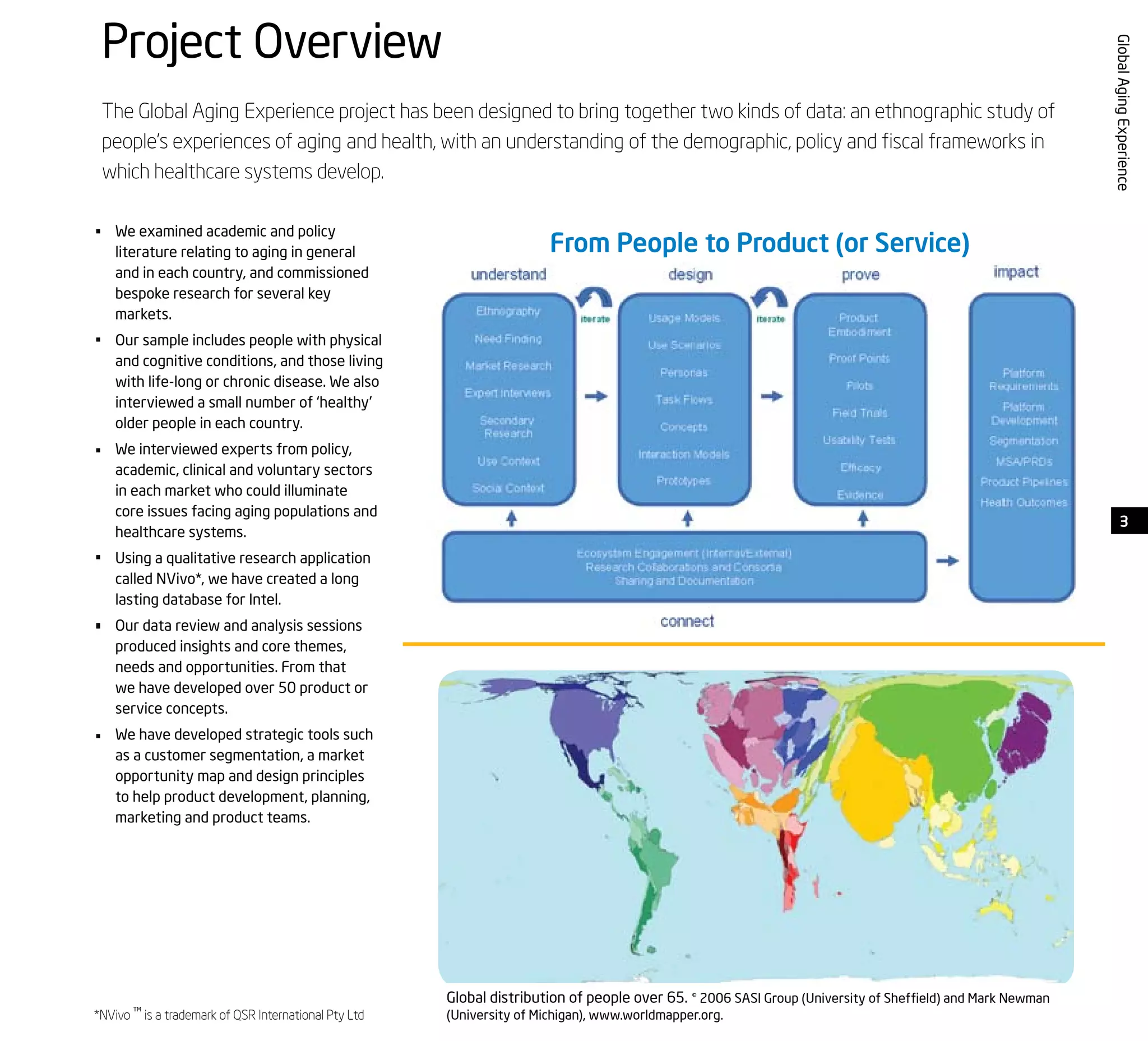 3
GlobalAgingExperience
Project Overview
The Global Aging Experience project has been designed to bring together two kinds of data: an ethnographic study of
people’s experiences of aging and health, with an understanding of the demographic, policy and fiscal frameworks in
which healthcare systems develop.
Global distribution of people over 65. © 2006 SASI Group (University of Sheffield) and Mark Newman
(University of Michigan), www.worldmapper.org.
From People to Product (or Service)
*NVivo ™ is a trademark of QSR International Pty Ltd
We examined academic and policy
literature relating to aging in general
and in each country, and commissioned
bespoke research for several key
markets.
Our sample includes people with physical
and cognitive conditions, and those living
with life-long or chronic disease. We also
interviewed a small number of ‘healthy’
older people in each country.
We interviewed experts from policy,
academic, clinical and voluntary sectors
in each market who could illuminate
core issues facing aging populations and
healthcare systems.
Using a qualitative research application
called NVivo*, we have created a long
lasting database for Intel.
Our data review and analysis sessions
produced insights and core themes,
needs and opportunities. From that
we have developed over 50 product or
service concepts.
We have developed strategic tools such
as a customer segmentation, a market
opportunity map and design principles
to help product development, planning,
marketing and product teams.
 