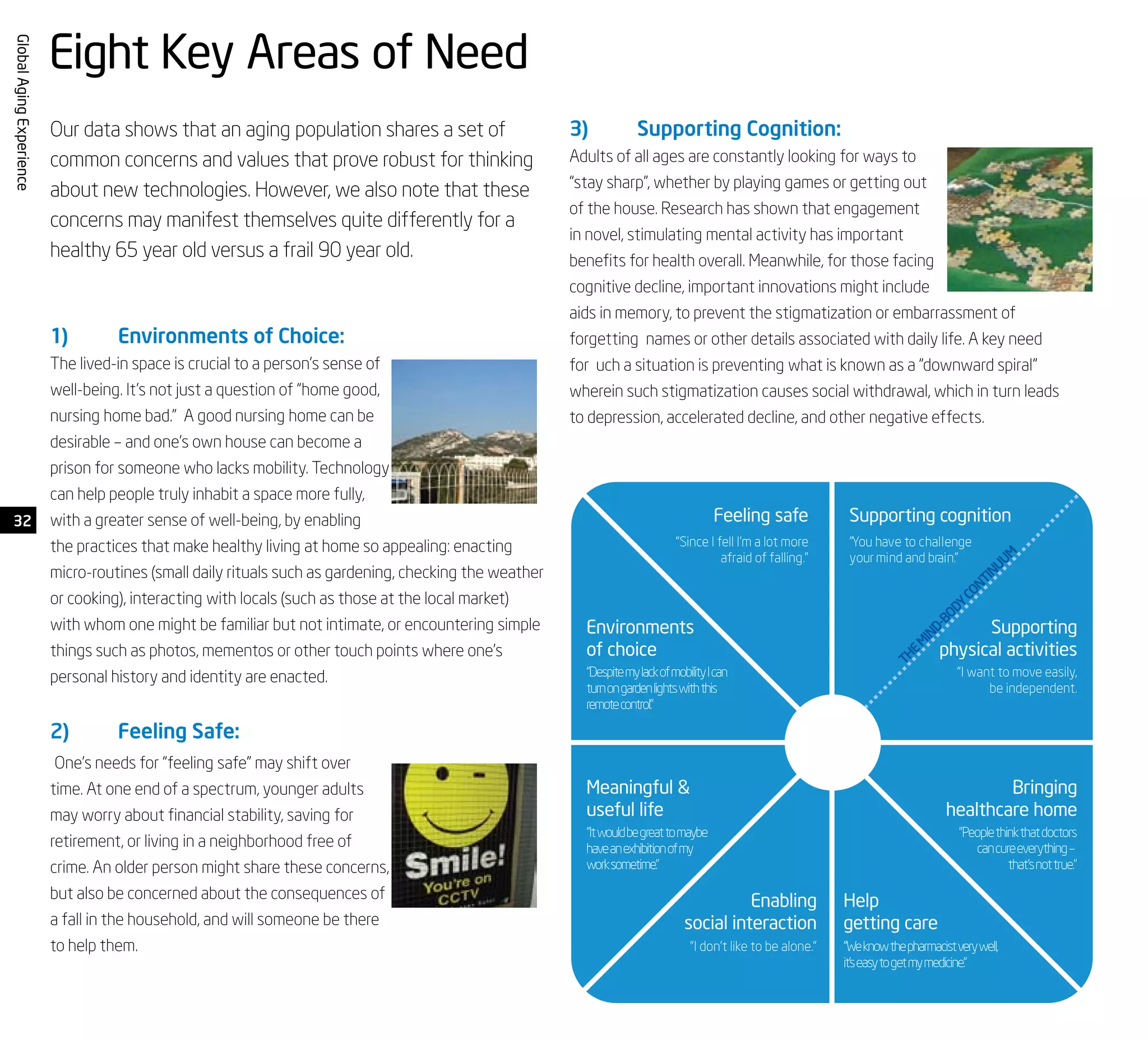 32
GlobalAgingExperience
Our data shows that an aging population shares a set of
common concerns and values that prove robust for thinking
about new technologies. However, we also note that these
concerns may manifest themselves quite differently for a
healthy 65 year old versus a frail 90 year old.
1)	 Environments of Choice:
The lived-in space is crucial to a person’s sense of
well-being. It’s not just a question of “home good,
nursing home bad.” A good nursing home can be
desirable – and one’s own house can become a
prison for someone who lacks mobility. Technology
can help people truly inhabit a space more fully,
with a greater sense of well-being, by enabling
the practices that make healthy living at home so appealing: enacting
micro-routines (small daily rituals such as gardening, checking the weather
or cooking), interacting with locals (such as those at the local market)
with whom one might be familiar but not intimate, or encountering simple
things such as photos, mementos or other touch points where one’s
personal history and identity are enacted.
2)	 Feeling Safe:
One’s needs for “feeling safe” may shift over
time. At one end of a spectrum, younger adults
may worry about financial stability, saving for
retirement, or living in a neighborhood free of
crime. An older person might share these concerns,
but also be concerned about the consequences of
a fall in the household, and will someone be there
to help them.
Supporting cognition
Supporting
physical activities
“You have to challenge
your mind and brain.”
“I want to move easily,
be independent.
Bringing
healthcare home
“Peoplethinkthatdoctors
cancureeverything–
that’snottrue.”
THEM
IND-BODY
CONTINUUM
Help
getting care
“Weknowthepharmacistverywell,
it’seasytogetmymedicine.”
Feeling safe
“Since I fell I’m a lot more
afraid of falling.”
Environments
of choice
“DespitemylackofmobilityIcan
turnongardenlightswiththis
remotecontrol.”
Meaningful &
useful life
“Itwouldbegreattomaybe
haveanexhibitionofmy
worksometime.”
Enabling
social interaction
“I don’t like to be alone.”
Eight Key Areas of Need
3)	 Supporting Cognition:
Adults of all ages are constantly looking for ways to
“stay sharp”, whether by playing games or getting out
of the house. Research has shown that engagement
in novel, stimulating mental activity has important
benefits for health overall. Meanwhile, for those facing
cognitive decline, important innovations might include
aids in memory, to prevent the stigmatization or embarrassment of
forgetting names or other details associated with daily life. A key need
for uch a situation is preventing what is known as a “downward spiral”
wherein such stigmatization causes social withdrawal, which in turn leads
to depression, accelerated decline, and other negative effects.
 
