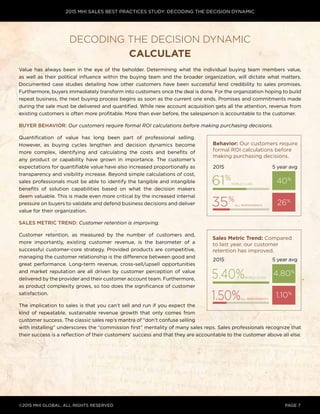 2015 MHI SALES BEST PRACTICES STUDY: DECODING THE DECISION DYNAMIC
©2015 MHI GLOBAL, all rights reserved page 7
Decoding the Decision Dynamic
Calculate
Value has always been in the eye of the beholder. Determining what the individual buying team members value,
as well as their political influence within the buying team and the broader organization, will dictate what matters.
Documented case studies detailing how other customers have been successful lend credibility to sales promises.
Furthermore, buyers immediately transform into customers once the deal is done. For the organization hoping to build
repeat business, the next buying process begins as soon as the current one ends. Promises and commitments made
during the sale must be delivered and quantified. While new account acquisition gets all the attention, revenue from
existing customers is often more profitable. More than ever before, the salesperson is accountable to the customer.
Buyer Behavior: Our customers require formal ROI calculations before making purchasing decisions.
Quantification of value has long been part of professional selling.
However, as buying cycles lengthen and decision dynamics become
more complex, identifying and calculating the costs and benefits of
any product or capability have grown in importance. The customer’s
expectations for quantifiable value have also increased proportionally as
transparency and visibility increase. Beyond simple calculations of cost,
sales professionals must be able to identify the tangible and intangible
benefits of solution capabilities based on what the decision makers
deem valuable. This is made even more critical by the increased internal
pressure on buyers to validate and defend business decisions and deliver
value for their organization.
Sales Metric Trend: Customer retention is improving.
Customer retention, as measured by the number of customers and,
more importantly, existing customer revenue, is the barometer of a
successful customer-core strategy. Provided products are competitive,
managing the customer relationship is the difference between good and
great performance. Long-term revenue, cross-sell/upsell opportunities
and market reputation are all driven by customer perception of value
delivered by the provider and their customer account team. Furthermore,
as product complexity grows, so too does the significance of customer
satisfaction.
The implication to sales is that you can’t sell and run if you expect the
kind of repeatable, sustainable revenue growth that only comes from
customer success. The classic sales rep’s mantra of “don’t confuse selling
with installing” underscores the “commission first” mentality of many sales reps. Sales professionals recognize that
their success is a reflection of their customers’ success and that they are accountable to the customer above all else.
Behavior: Our customers require
formal ROI calculations before
making purchasing decisions.
Sales Metric Trend: Compared
to last year, our customer
retention has improved.
4.80%
26%
1.10%
5 year avg
5 year avg
2015
2015
61%
world-class
5.40%world-class
35%
all respondents
1.50%all respondents
40%
 