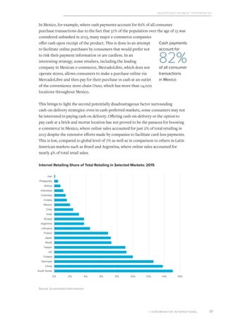 Understand Payment Preferences
© EUROMONITOR INTERNATIONAL 15
In Mexico, for example, where cash payments account for 82% of all consumer
purchase transactions due to the fact that 51% of the population over the age of 15 was
considered unbanked in 2015, many major e-commerce companies
offer cash upon receipt of the product. This is done in an attempt
to facilitate online purchases by consumers that would prefer not
to risk their payment information or are cardless. In an
interesting strategy, some retailers, including the leading
company in Mexican e-commerce, MercadoLibre, which does not
operate stores, allows consumers to make a purchase online via
MercadoLibre and then pay for their purchase in cash at an outlet
of the convenience store chain Oxxo, which has more than 14,000
locations throughout Mexico.
This brings to light the second potentially disadvantageous factor surrounding
cash-on-delivery strategies: even in cash-preferred markets, some consumers may not
be interested in paying cash on delivery. Offering cash-on-delivery or the option to
pay cash at a brick and mortar location has not proved to be the panacea for boosting
e-commerce in Mexico, where online sales accounted for just 2% of total retailing in
2015 despite the extensive efforts made by companies to facilitate card-less payments.
This is low, compared to global level of 7% as well as in comparison to others in Latin
American markets such as Brazil and Argentina, where online sales accounted for
nearly 4% of total retail sales.
Internet Retailing Share of Total Retailing in Selected Markets: 2015
Source: Euromonitor International
Cash payments
account for
82%of all consumer
transactions
in Mexico
0% 2% 4% 6% 8% 10% 12% 14% 16%
South Korea
China
Denmark
Finland
US
Taiwan
World
Japan
Poland
Lithuania
Argentina
Russia
India
Chile
Mexico
Croatia
Colombia
Indonesia
Bolivia
Philippines
Iran
 