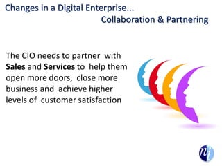 Changes in a Digital Enterprise...
Collaboration & Partnering
The CIO needs to partner with
Sales and Services to help them
open more doors, close more
business and achieve higher
levels of customer satisfaction
 