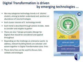 Digital Transformation is driven
by emerging technologies ...
DESIGN FOR DIGITAL
• We may categorize technology trends in 6 distinct
clusters, aiming to better understand and position an
abundance of new technologies
• Each cluster consists of 5 technology trends
• Each trend is described through actions to take, tools
to consider and insights to gather
• There are also 7 design principles (Design for
Digital) that should be considered and applied
throughout
• Depending on the challenge an enterprise wants to
address, relevant building blocks are selected and
woven together in Digital Transformation story lines
• These story lines can be used to discuss, test,
validate and strategize
 