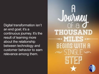 Digital transformation isn’t
an end goal; it’s a
continuous journey. It’s the
result of learning more
about the relationship
between technology and
customer behavior to earn
relevance among them.
 