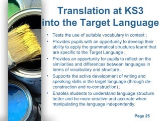 Powerpoint Templates
Page 25
Translation at KS3
into the Target Language
• Tests the use of suitable vocabulary in context ;
• Provides pupils with an opportunity to develop their
ability to apply the grammatical structures learnt that
are specific to the Target Language ;
• Provides an opportunity for pupils to reflect on the
similarities and differences between languages in
terms of vocabulary and structure ;
• Supports the active development of writing and
speaking skills in the target language (through de-
construction and re-construction) ;
• Enables students to understand language structure
better and be more creative and accurate when
manipulating the language independently.
 