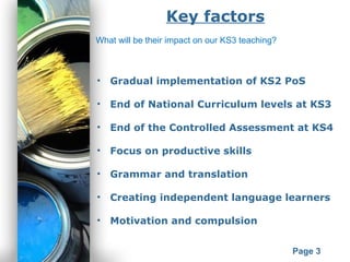 Powerpoint Templates
Page 3
Key factors
• Gradual implementation of KS2 PoS
• End of National Curriculum levels at KS3
• End of the Controlled Assessment at KS4
• Focus on productive skills
• Grammar and translation
• Creating independent language learners
• Motivation and compulsion
What will be their impact on our KS3 teaching?
 