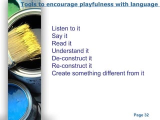 Powerpoint Templates
Page 32
Tools to encourage playfulness with language
Listen to it
Say it
Read it
Understand it
De-construct it
Re-construct it
Create something different from it
 
