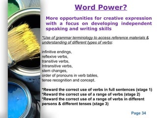 Powerpoint Templates
Page 34
Word Power?
More opportunities for creative expression
with a focus on developing independent
speaking and writing skills
*Use of grammar terminology to access reference materials &
understanding of different types of verbs:
infinitive endings,
reflexive verbs,
transitive verbs,
Intransitive verbs,
stem changes,
order of pronouns in verb tables,
tense recognition and concept.
*Reward the correct use of verbs in full sentences (stage 1)
*Reward the correct use of a range of verbs (stage 2)
*Reward the correct use of a range of verbs in different
persons & different tenses (stage 3)
 