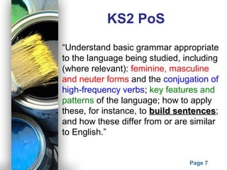Powerpoint Templates
Page 7
“Understand basic grammar appropriate
to the language being studied, including
(where relevant): feminine, masculine
and neuter forms and the conjugation of
high-frequency verbs; key features and
patterns of the language; how to apply
these, for instance, to build sentencesbuild sentences;
and how these differ from or are similar
to English.”
KS2 PoS
 