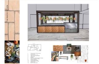 THE RUSTIC OPTION 
2. 
3. 
4. 
5. 6. 
7. 
12. 
11. 9. 8. 
10. 
1. 
13. 
1. Terracotta tiles with black grout 
2. Concrete slab 
3. Glass bell jars for cakes 
4. Timber crate for fruit display 
5. Timber finish 
6. Wallpaper 
7. Vintage faux leather banquette seating 
8. Chairs to banquette seating 
9. Hanging vegetation 
10. Terracotta light fittings 
11. Scaffold high bench tables 
12. Vintage chairs 
13. Black tolix high stools 
