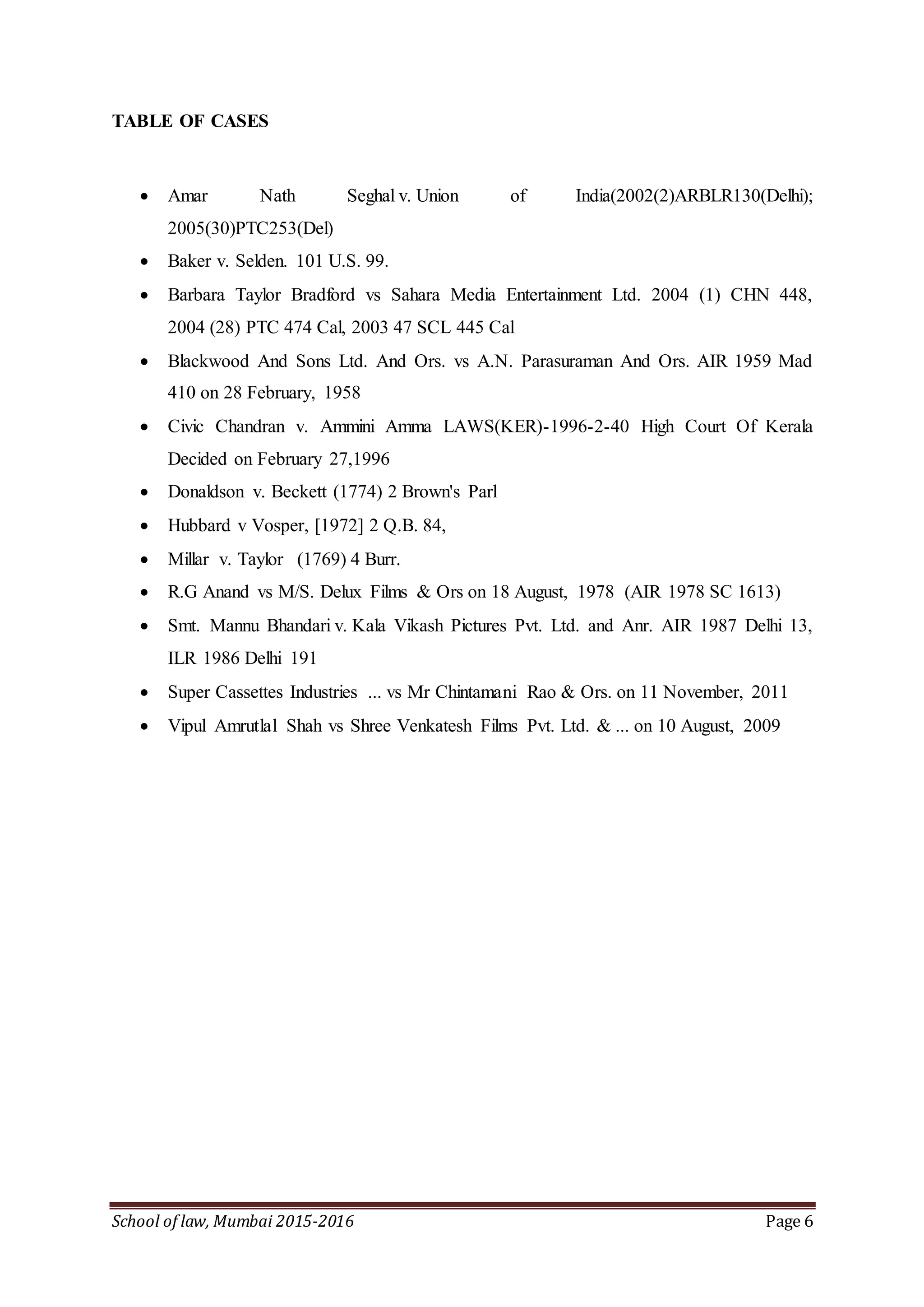 School of law, Mumbai 2015-2016 Page 6
TABLE OF CASES
 Amar Nath Seghal v. Union of India(2002(2)ARBLR130(Delhi);
2005(30)PTC253(Del)
 Baker v. Selden. 101 U.S. 99.
 Barbara Taylor Bradford vs Sahara Media Entertainment Ltd. 2004 (1) CHN 448,
2004 (28) PTC 474 Cal, 2003 47 SCL 445 Cal
 Blackwood And Sons Ltd. And Ors. vs A.N. Parasuraman And Ors. AIR 1959 Mad
410 on 28 February, 1958
 Civic Chandran v. Ammini Amma LAWS(KER)-1996-2-40 High Court Of Kerala
Decided on February 27,1996
 Donaldson v. Beckett (1774) 2 Brown's Parl
 Hubbard v Vosper, [1972] 2 Q.B. 84,
 Millar v. Taylor (1769) 4 Burr.
 R.G Anand vs M/S. Delux Films & Ors on 18 August, 1978 (AIR 1978 SC 1613)
 Smt. Mannu Bhandari v. Kala Vikash Pictures Pvt. Ltd. and Anr. AIR 1987 Delhi 13,
ILR 1986 Delhi 191
 Super Cassettes Industries ... vs Mr Chintamani Rao & Ors. on 11 November, 2011
 Vipul Amrutlal Shah vs Shree Venkatesh Films Pvt. Ltd. & ... on 10 August, 2009
 
