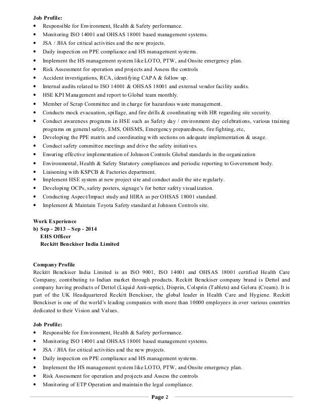 Environment health and safety resume