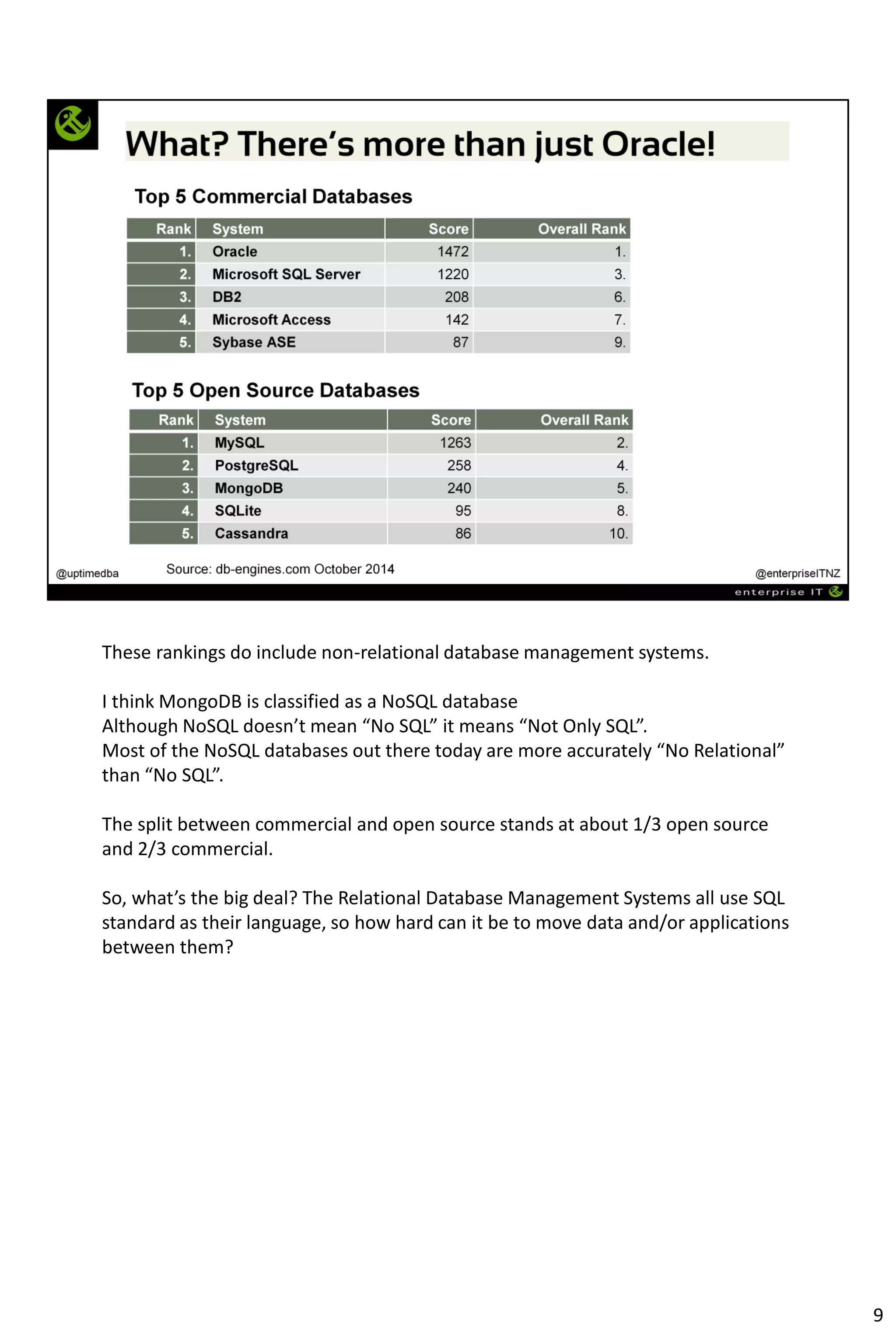 These rankings do include non-relational database management systems.
I think MongoDB is classified as a NoSQL database
Although NoSQL doesn’t mean “No SQL” it means “Not Only SQL”.
Most of the NoSQL databases out there today are more accurately “No Relational”
than “No SQL”.
The split between commercial and open source stands at about 1/3 open source
and 2/3 commercial.
So, what’s the big deal? The Relational Database Management Systems all use SQL
standard as their language, so how hard can it be to move data and/or applications
between them?
9
 