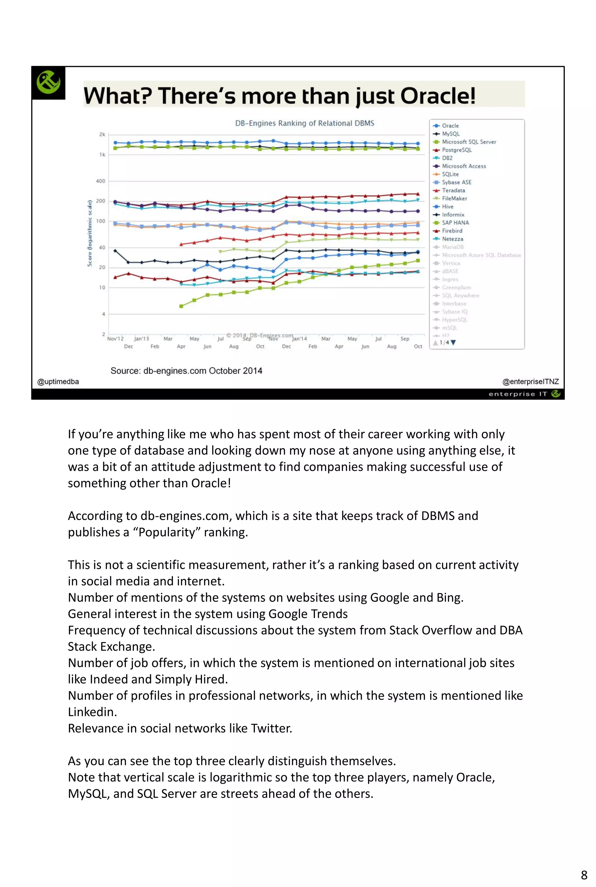 If you’re anything like me who has spent most of their career working with only
one type of database and looking down my nose at anyone using anything else, it
was a bit of an attitude adjustment to find companies making successful use of
something other than Oracle!
According to db-engines.com, which is a site that keeps track of DBMS and
publishes a “Popularity” ranking.
This is not a scientific measurement, rather it’s a ranking based on current activity
in social media and internet.
Number of mentions of the systems on websites using Google and Bing.
General interest in the system using Google Trends
Frequency of technical discussions about the system from Stack Overflow and DBA
Stack Exchange.
Number of job offers, in which the system is mentioned on international job sites
like Indeed and Simply Hired.
Number of profiles in professional networks, in which the system is mentioned like
Linkedin.
Relevance in social networks like Twitter.
As you can see the top three clearly distinguish themselves.
Note that vertical scale is logarithmic so the top three players, namely Oracle,
MySQL, and SQL Server are streets ahead of the others.
8
 