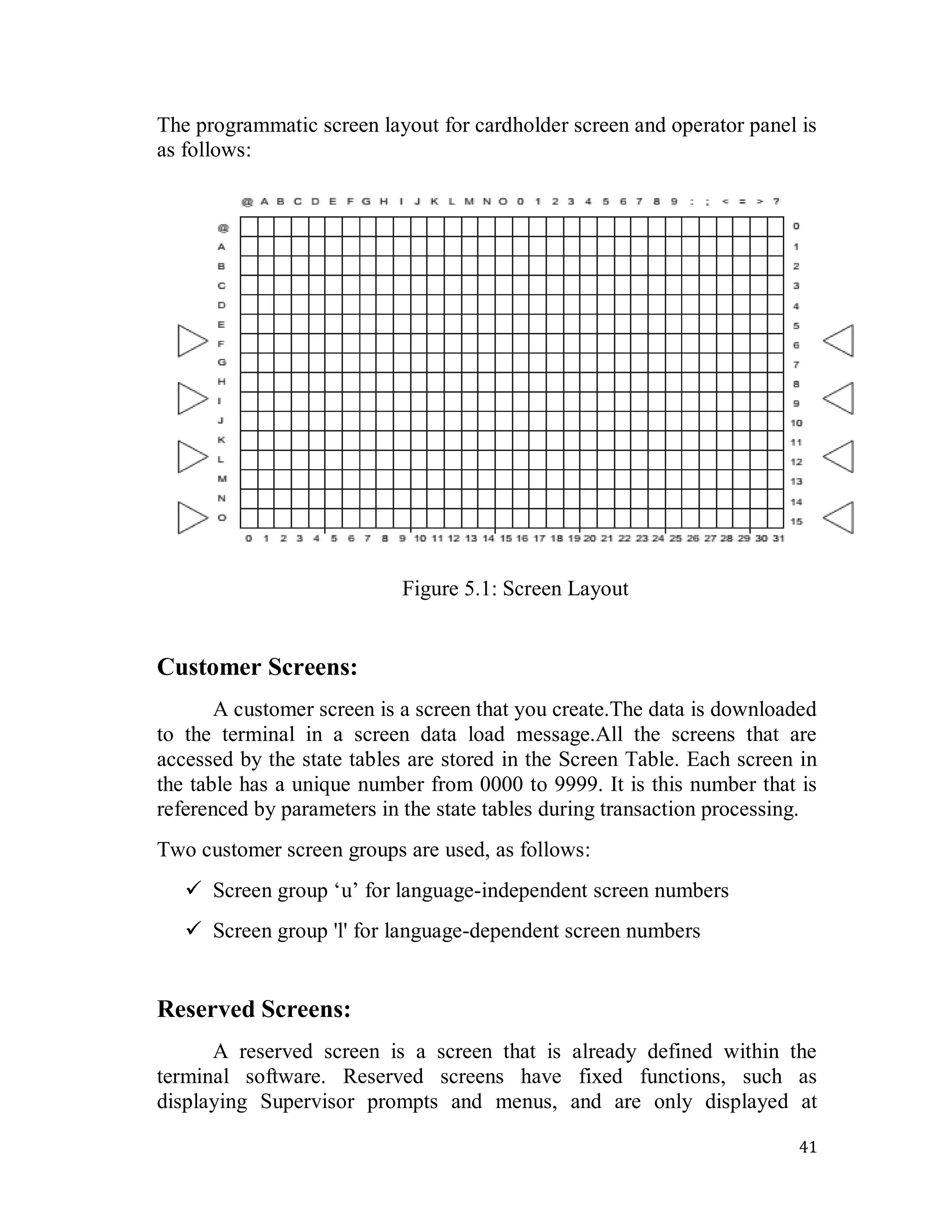 41
The programmatic screen layout for cardholder screen and operator panel is
as follows:
Figure 5.1: Screen Layout
Customer Screens:
A customer screen is a screen that you create.The data is downloaded
to the terminal in a screen data load message.All the screens that are
accessed by the state tables are stored in the Screen Table. Each screen in
the table has a unique number from 0000 to 9999. It is this number that is
referenced by parameters in the state tables during transaction processing.
Two customer screen groups are used, as follows:
 Screen group ‗u‘ for language-independent screen numbers
 Screen group 'l' for language-dependent screen numbers
Reserved Screens:
A reserved screen is a screen that is already defined within the
terminal software. Reserved screens have fixed functions, such as
displaying Supervisor prompts and menus, and are only displayed at
 
