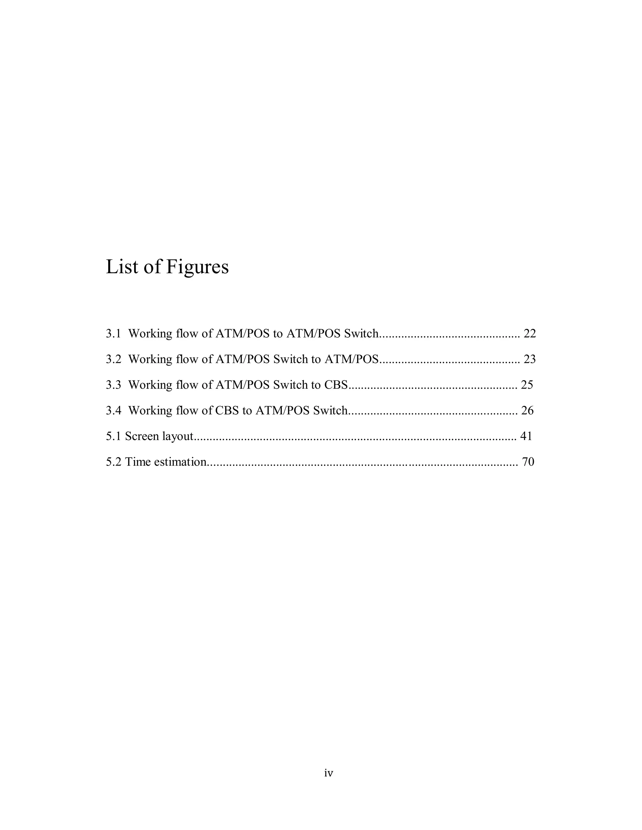 iv
List of Figures
3.1 Working flow of ATM/POS to ATM/POS Switch............................................. 22
3.2 Working flow of ATM/POS Switch to ATM/POS............................................. 23
3.3 Working flow of ATM/POS Switch to CBS...................................................... 25
3.4 Working flow of CBS to ATM/POS Switch...................................................... 26
5.1 Screen layout....................................................................................................... 41
5.2 Time estimation................................................................................................... 70
 