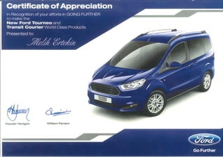 Certificate of Appreciation - Ford Transit Courier