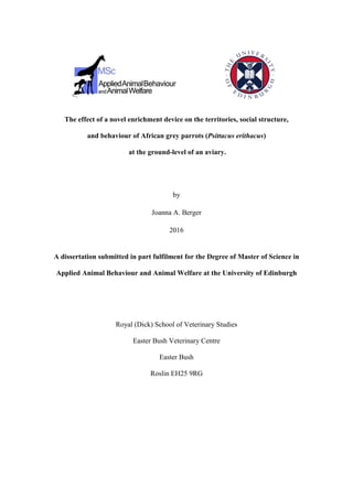 The effect of a novel enrichment device on the territories, social structure,
and behaviour of African grey parrots (Psittacus erithacus)
at the ground-level of an aviary.
by
Joanna A. Berger
2016
A dissertation submitted in part fulfilment for the Degree of Master of Science in
Applied Animal Behaviour and Animal Welfare at the University of Edinburgh
Royal (Dick) School of Veterinary Studies
Easter Bush Veterinary Centre
Easter Bush
Roslin EH25 9RG
 