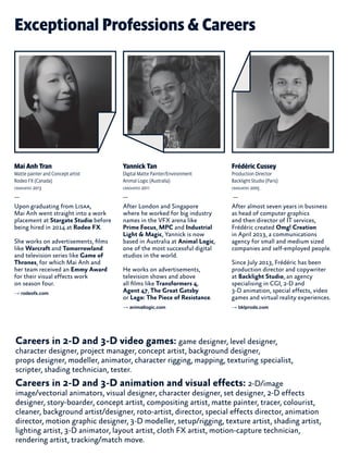 Exceptional Professions & Careers
Yannick Tan
Digital Matte Painter/Environment
Animal Logic (Australia)
graduated 2011
—
After London and Singapore
where he worked for big industry
names in the VFX arena like
Prime Focus, MPC and Industrial
Light & Magic, Yannick is now
based in Australia at Animal Logic,
one of the most successful digital
studios in the world.
He works on advertisements,
television shows and above
all films like Transformers 4,
Agent 47, The Great Gatsby
or Lego: The Piece of Resistance.
→ animallogic.com
Mai Anh Tran
Matte painter and Concept artist
Rodeo FX (Canada)
graduated 2013
—
Upon graduating from Lisaa,
Mai Anh went straight into a work
placement at Stargate Studio before
being hired in 2014 at Rodeo FX.
She works on advertisements, films
like Warcraft and Tomorrowland
and television series like Game of
Thrones, for which Mai Anh and
her team received an Emmy Award
for their visual effects work
on season four.
→ rodeofx.com
Frédéric Cussey
Production Director
Backlight Studio (Paris)
graduated 2005
—
After almost seven years in business
as head of computer graphics
and then director of IT services,
Frédéric created Omg! Creation
in April 2013, a communications
agency for small and medium sized
companies and self-employed people.
Since July 2013, Frédéric has been
production director and copywriter
at Backlight Studio, an agency
specialising in CGI, 2-D and
3-D animation, special effects, video
games and virtual reality experiences.
→ bklprods.com
Careers in 2-D and 3-D video games: game designer, level designer,
character designer, project manager, concept artist, background designer,
props designer, modeller, animator, character rigging, mapping, texturing specialist,
scripter, shading technician, tester.
Careers in 2-D and 3-D animation and visual effects: 2-D/image
image/vectorial animators, visual designer, character designer, set designer, 2-D effects
designer, story-boarder, concept artist, compositing artist, matte painter, tracer, colourist,
cleaner, background artist/designer, roto-artist, director, special effects director, animation
director, motion graphic designer, 3-D modeller, setup/rigging, texture artist, shading artist,
lighting artist, 3-D animator, layout artist, cloth FX artist, motion-capture technician,
rendering artist, tracking/match move.
 