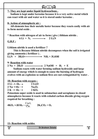 7- They are kept under liquid hydrocarbons .
Sodium is kept under kerosine because it is a very active metal which
can react with air and water so it is stored under kerosine .
8- Action of atmospheric air :
All elements lose their metalic luster because they reacts easily with air
to form metal oxide .
* Reaction with nitrogen of air to form ( give ) lithium nitride .
6 Li + N2 2 Li3N
G.R.F :
Lithium nitride is used a fertilizer ?
This is Because lithium nitride decomposes when the soil is irrigated
giving ammonia ( fertilizer ) .
Li3N + 3H2O NH3 + 3LiOH
9- Reaction with water
2 Na + 2H2O 2 NaOH + H2 + E
Sodium reacts with water forming sodium hydroxide and large
amount of energy which is enough to cause the burning of hydrogen
evolves with an explosion so sodium fires are not extinguished by water .
10- Reaction with oxygen :
4 Li + O2 2 Li2O
2 Na + O2 Na2O2
2 K + O2 2 KO2
Potassium super oxide is used in submarines and aeroplanes in closed
atmospheres because it reacts with exhaled carbon dioxide giving oxygen
required for breathing :
4KO2 + 2CO2 2K2CO3 + O2
11- Reaction with acides
Dr.Ibrahem Zeiada
59
Cucl2
Cat.
 