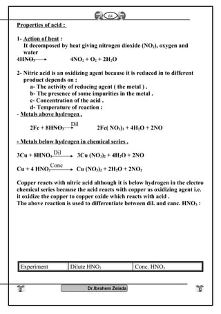 Properties of acid :
1- Action of heat :
It decomposed by heat giving nitrogen dioxide (NO2), oxygen and
water
4HNO3 4NO2 + O2 + 2H2O
2- Nitric acid is an oxidizing agent because it is reduced in to different
product depends on :
a- The activity of reducing agent ( the metal ) .
b- The presence of some impurities in the metal .
c- Concentration of the acid .
d- Temperature of reaction :
- Metals above hydrogen .
2Fe + 8HNO3 2Fe( NO3)3 + 4H2O + 2NO
- Metals below hydrogen in chemical series .
3Cu + 8HNO3 3Cu (NO3)2 + 4H2O + 2NO
Cu + 4 HNO3 Cu (NO3)2 + 2H2O + 2NO2
Copper reacts with nitric acid although it is below hydrogen in the electro
chemical series because the acid reacts with copper as oxidizing agent i.e.
it oxidize the copper to copper oxide which reacts with acid .
The above reaction is used to differentiate between dil. and canc. HNO3 :
Conc. HNO3Dilute HNO3Experiment
Dr.Ibrahem Zeiada
68
Dil
Conc
Dil
 